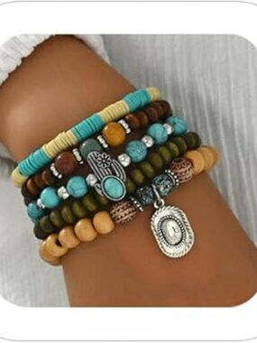 New Western Turquoise Beaded Bracelet Cowgirl Stretch Set Cactus Hat Boho
